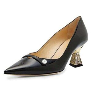 Wo wagas Black Women Pearl Mid Block Heel Pumps Closed Pointed Toe Crystals Heel